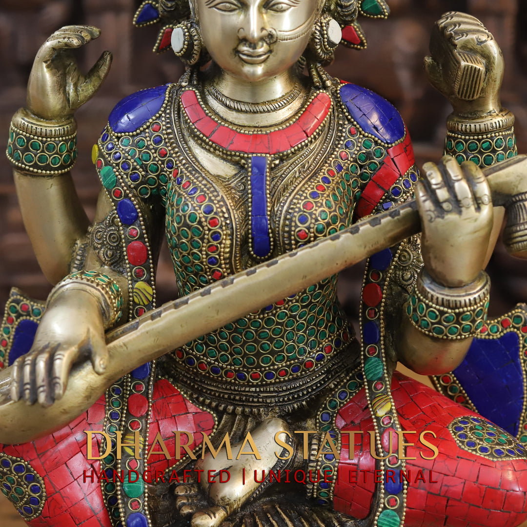 Brass Saraswati Idol, Seated on a Lotus with Sitar, Fine Stone and Golden work 16.5"