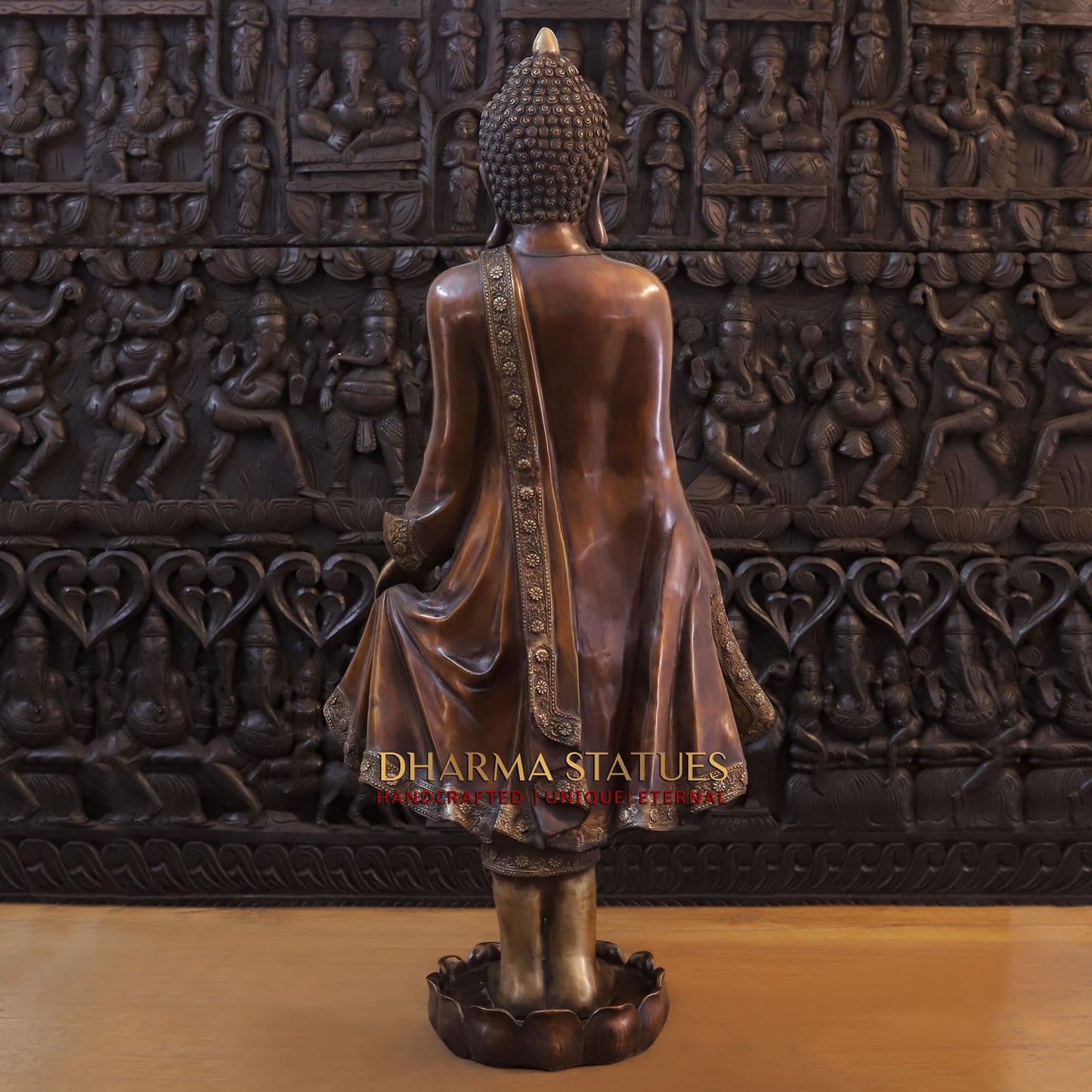 Brass Buddha Statue, Standing on a Lotus, Copper Finish 43"