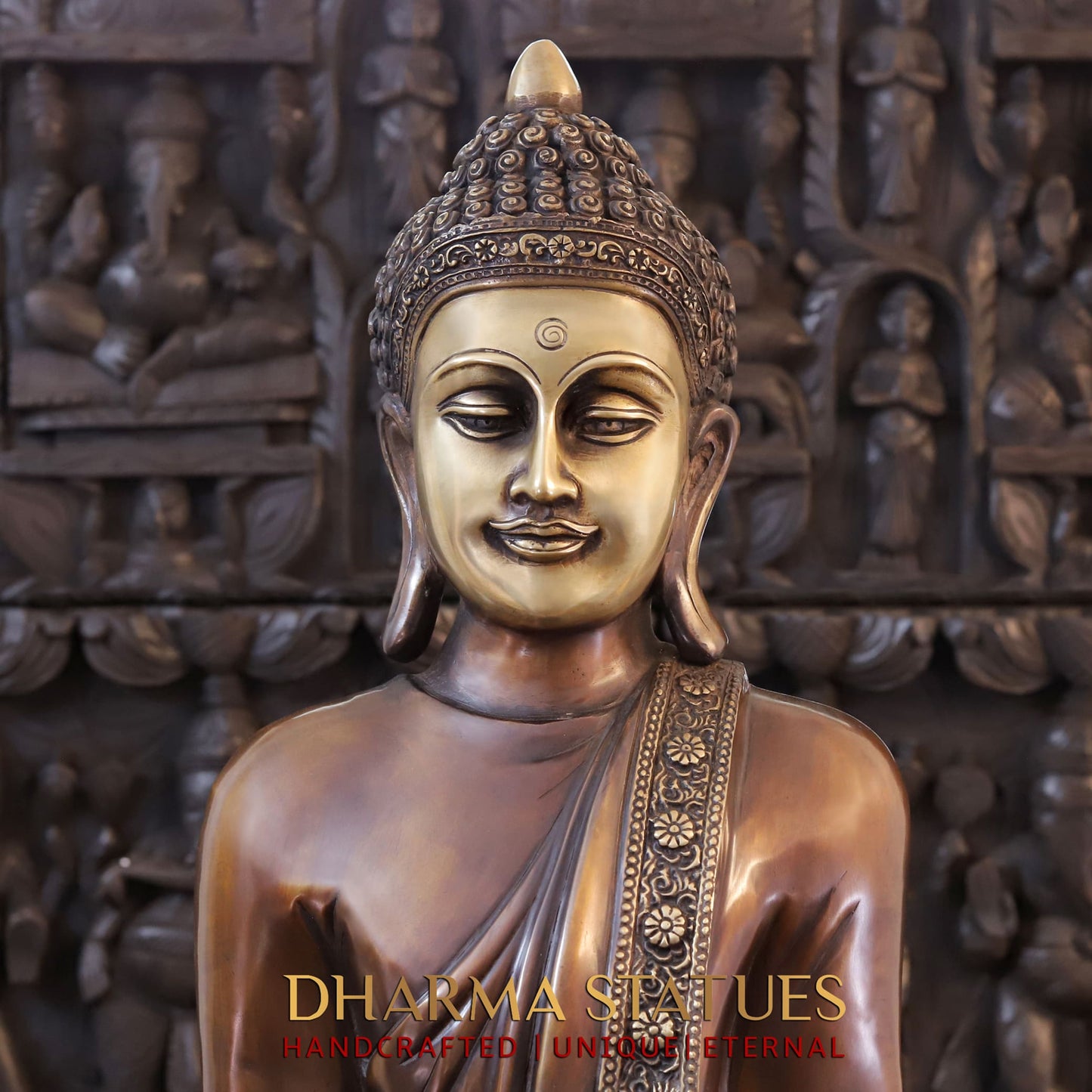 Brass Buddha Statue, Standing on a Lotus, Copper Finish 43"