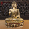 Brass Buddha Sitting With Flower carving, Smooth Finish, 21" Front View