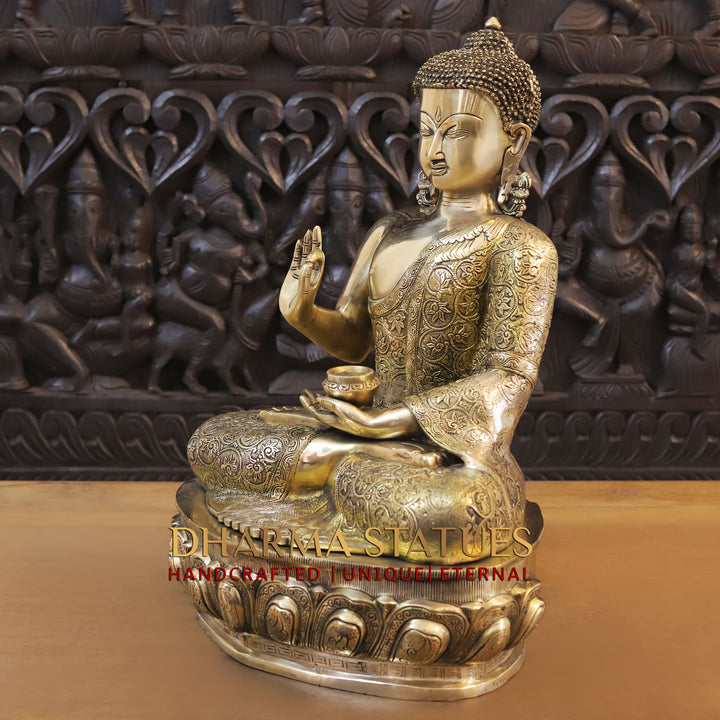 Brass Buddha Statue, Sitting With Flower carving, Smooth Finish, 21"