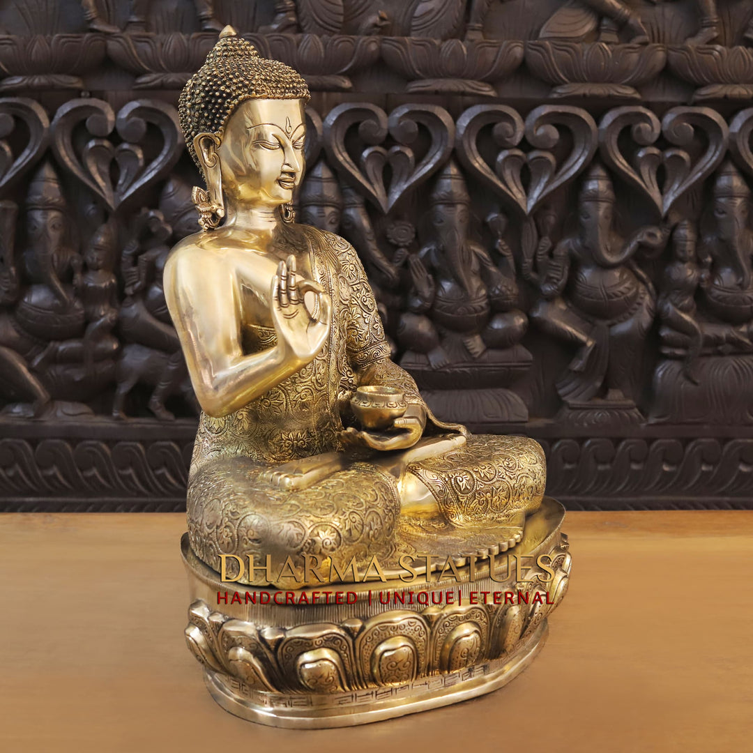 Brass Buddha Statue, Sitting With Flower carving, Smooth Finish, 21"