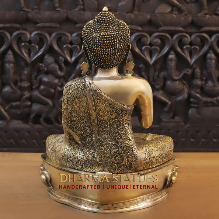 Brass Buddha Statue, Sitting With Flower carving, Smooth Finish, 21"