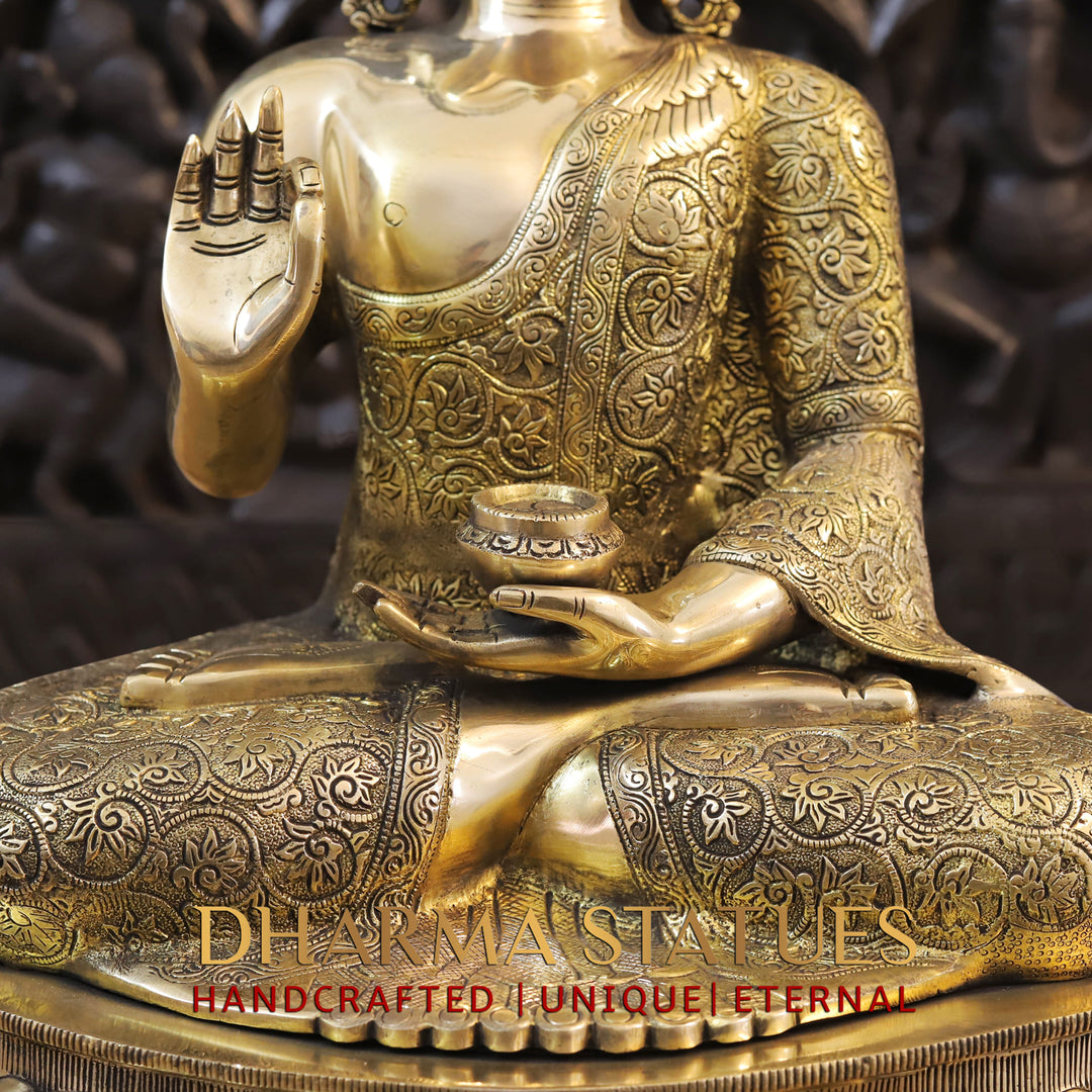 Brass Buddha Statue, Sitting With Flower carving, Smooth Finish, 21"