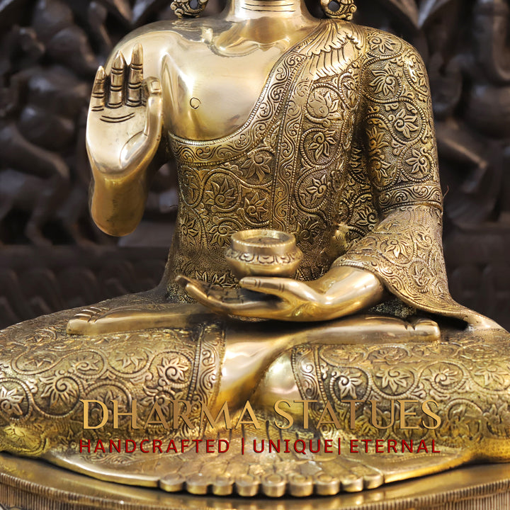 Brass Buddha Statue, Sitting With Flower carving, Smooth Finish, 21"