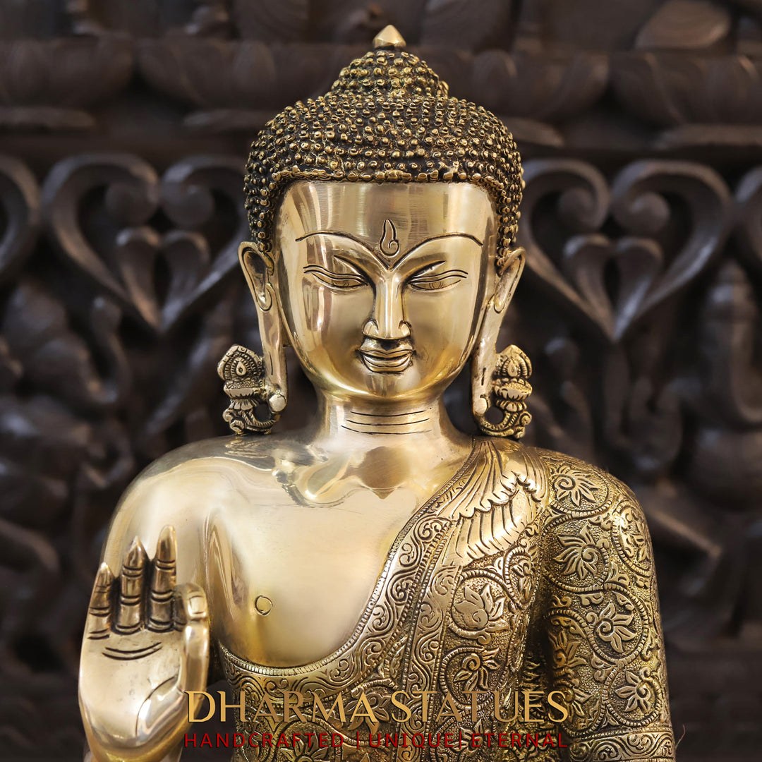 Brass Buddha Statue, Sitting With Flower carving, Smooth Finish, 21"