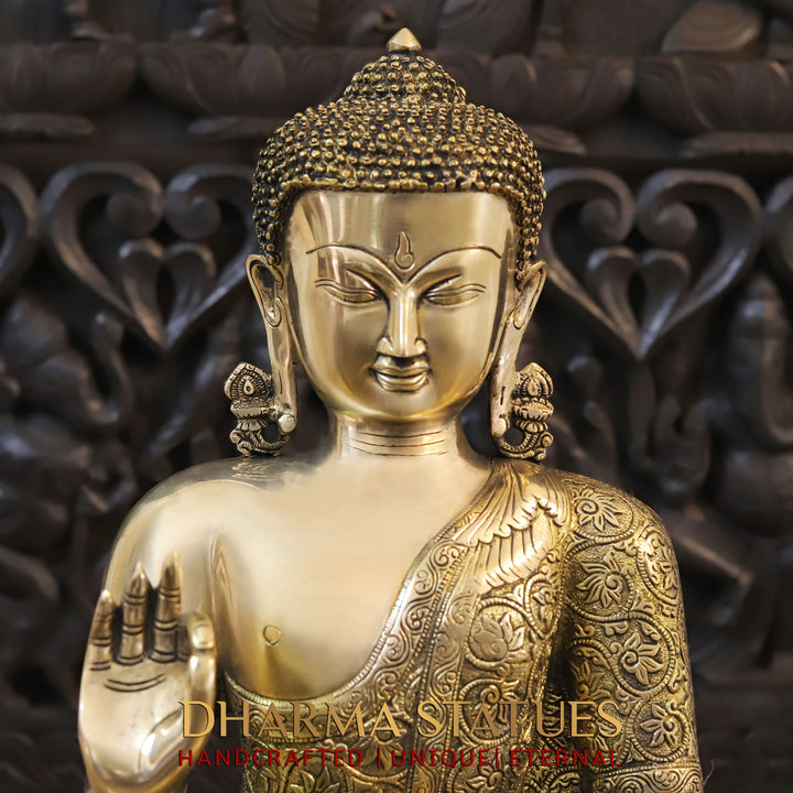 Brass Buddha Statue, Sitting With Flower carving, Smooth Finish, 21"