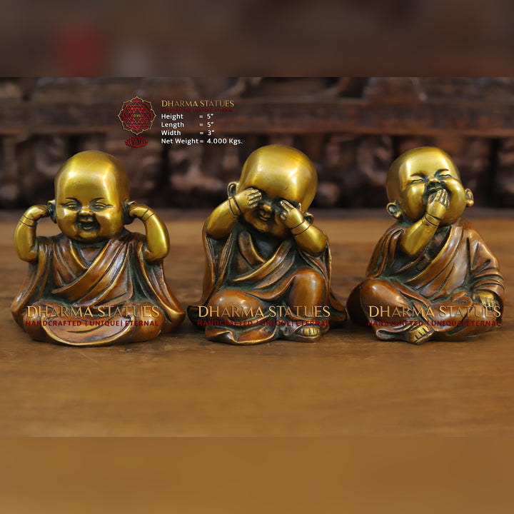 Brass Happy Monks Idol, Fine Bronze and Golden Finish 5"