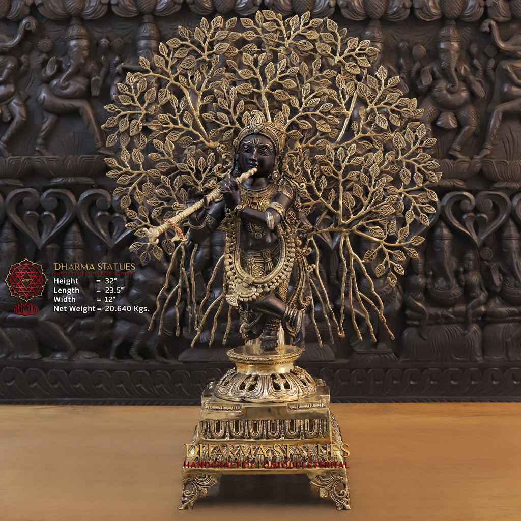 Brass Krishna, Krishna is Playing the Flute Standing Below the tree 32" Front View