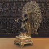 Brass Krishna Playing the Flute, Standing Below the Tree, Golden & Black Patina Finish, 32"