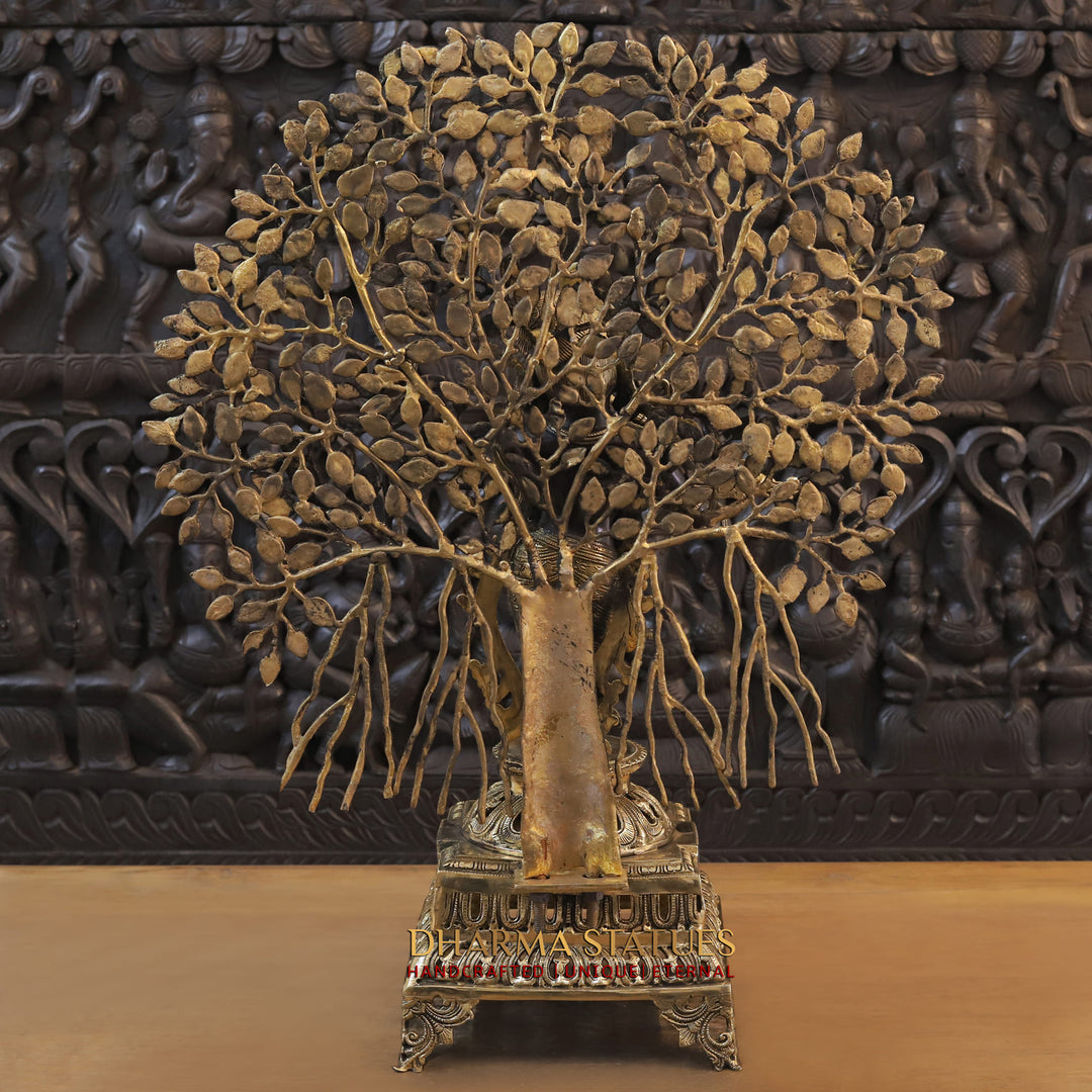 Brass Krishna Idol, Playing the Flute, Standing Below the Tree of Life, Golden & Black Finish, 32"