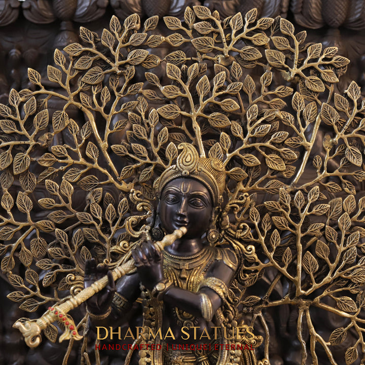 Brass Krishna Idol, Playing the Flute, Standing Below the Tree of Life, Golden & Black Finish, 32"