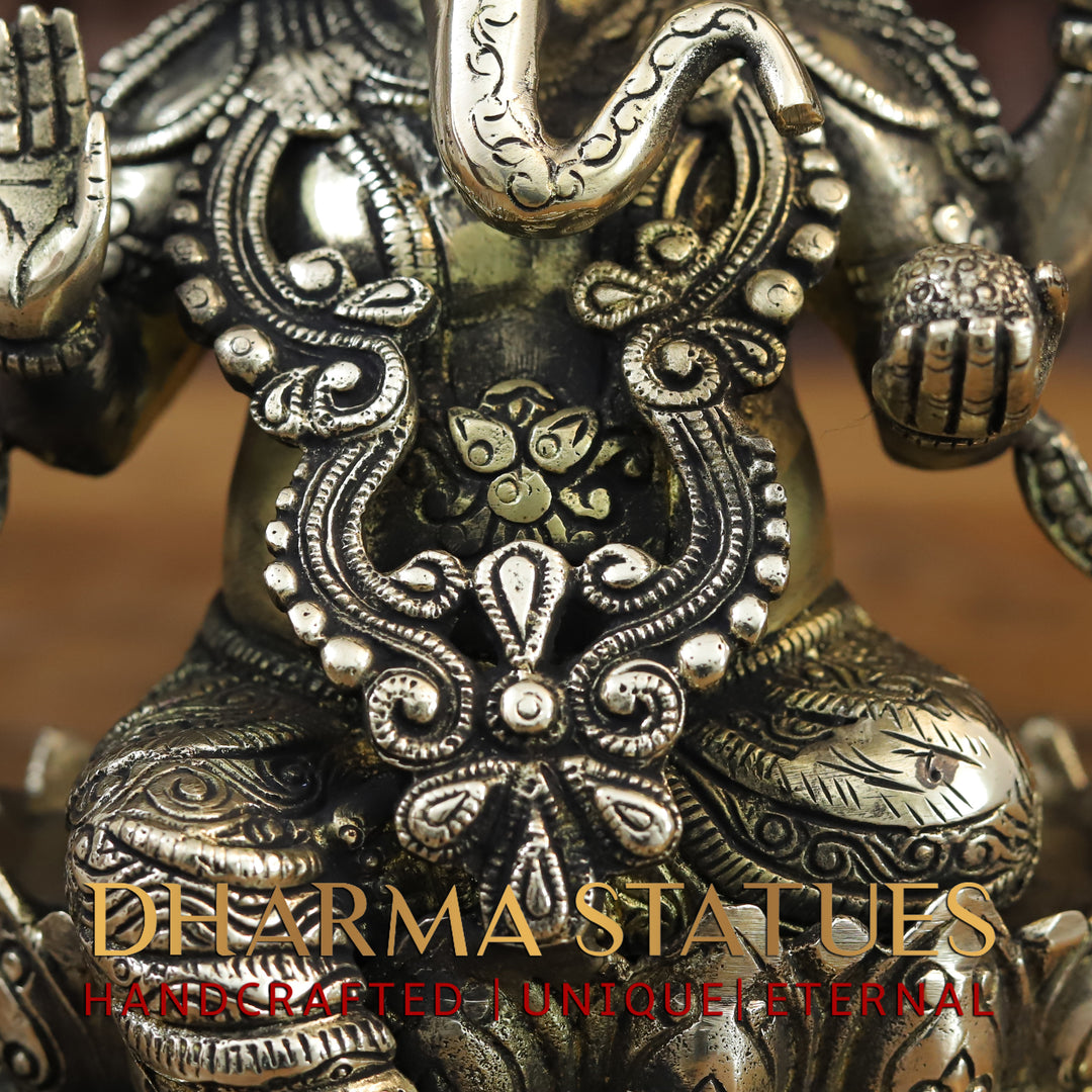 Brass Ganesh Idol, Sitting on a Lotus, Smooth Finish 10"