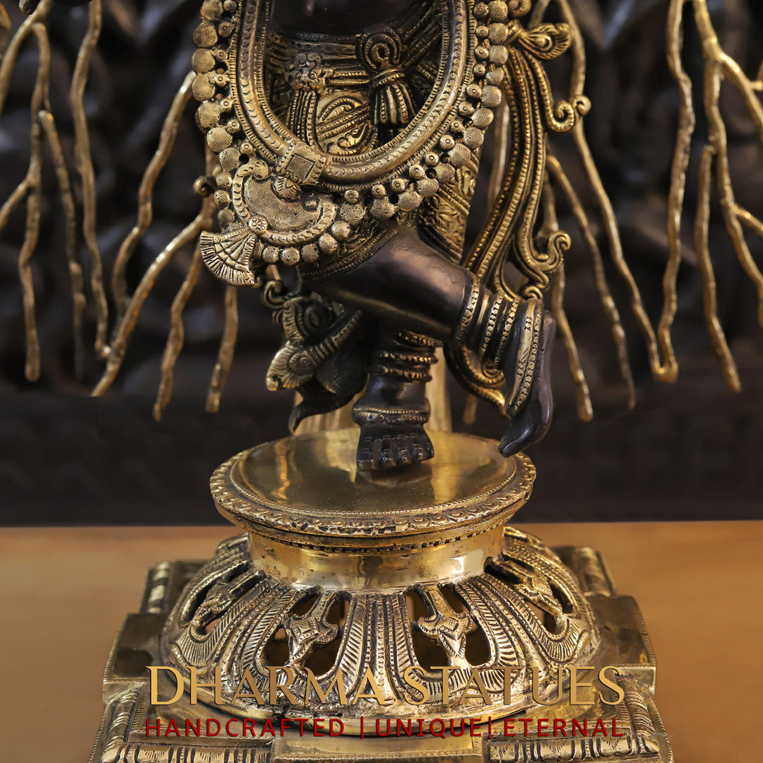 Brass Krishna Idol, Playing the Flute, Standing Below the Tree of Life, Golden & Black Finish, 32"