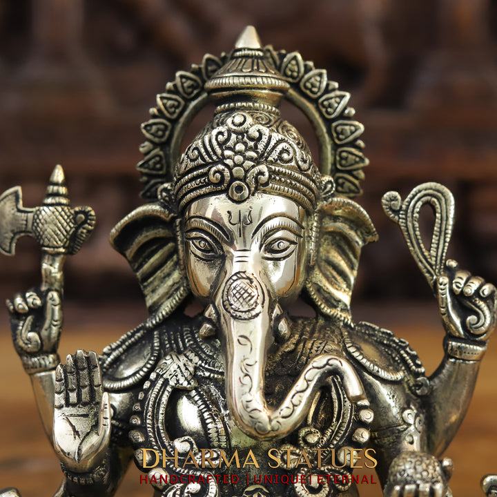 Brass Ganesh Idol, Sitting on a Lotus, Smooth Finish 10"