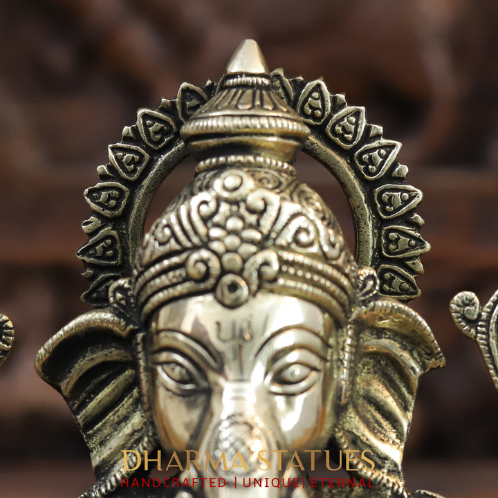 Brass Ganesh Idol, Sitting on a Lotus, Smooth Finish 10"