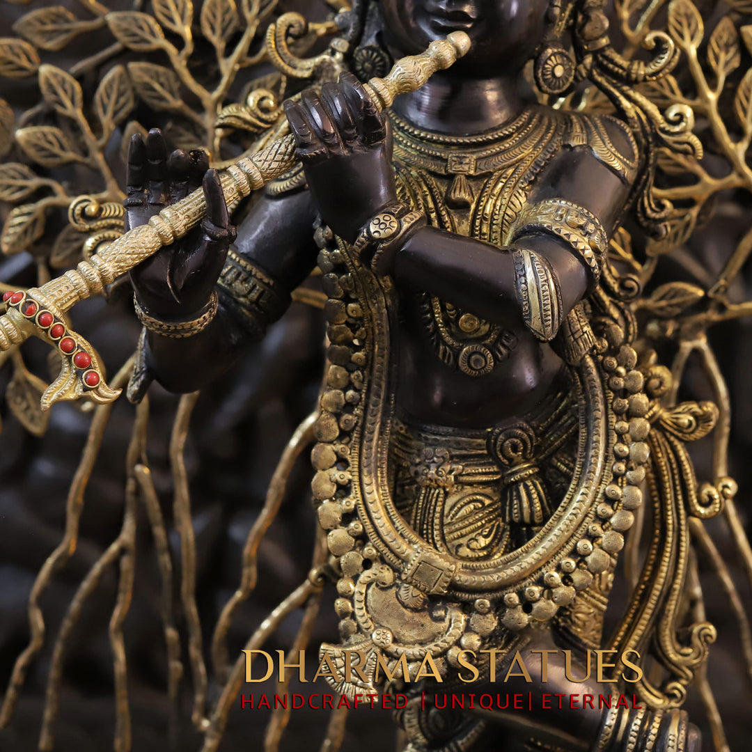 Brass Krishna Idol, Playing the Flute, Standing Below the Tree of Life, Golden & Black Finish, 32"