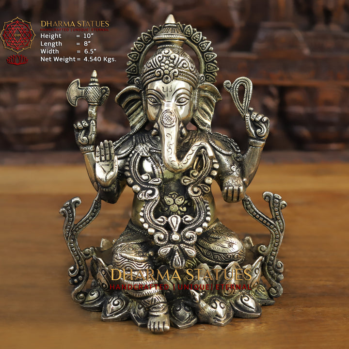 Brass Ganesh Idol, Sitting on a Lotus, Smooth Finish 10"