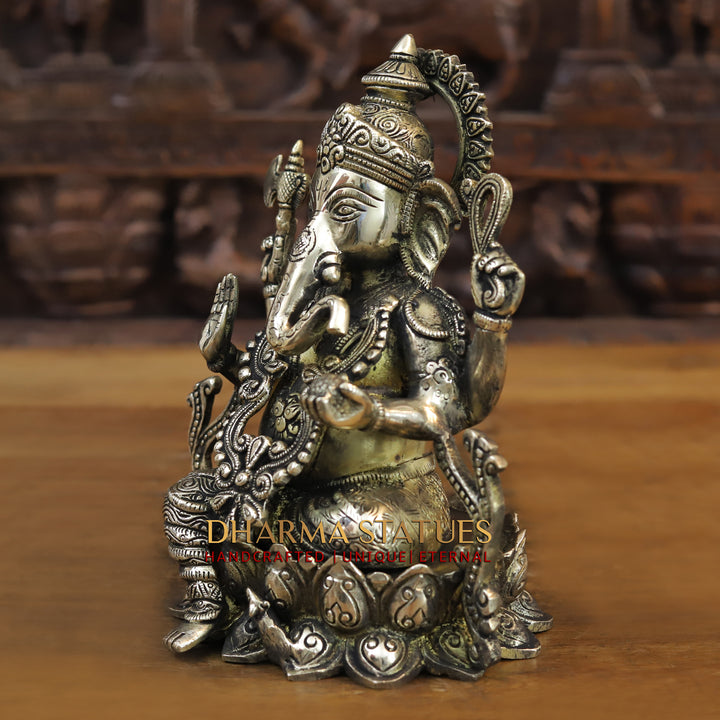 Brass Ganesh Idol, Sitting on a Lotus, Smooth Finish 10"