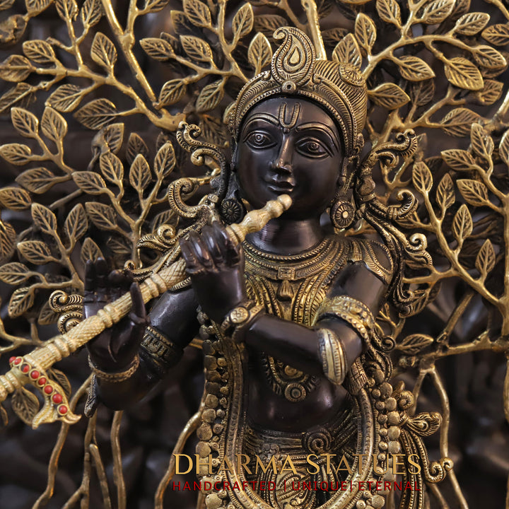 Brass Krishna Idol, Playing the Flute, Standing Below the Tree of Life, Golden & Black Finish, 32"