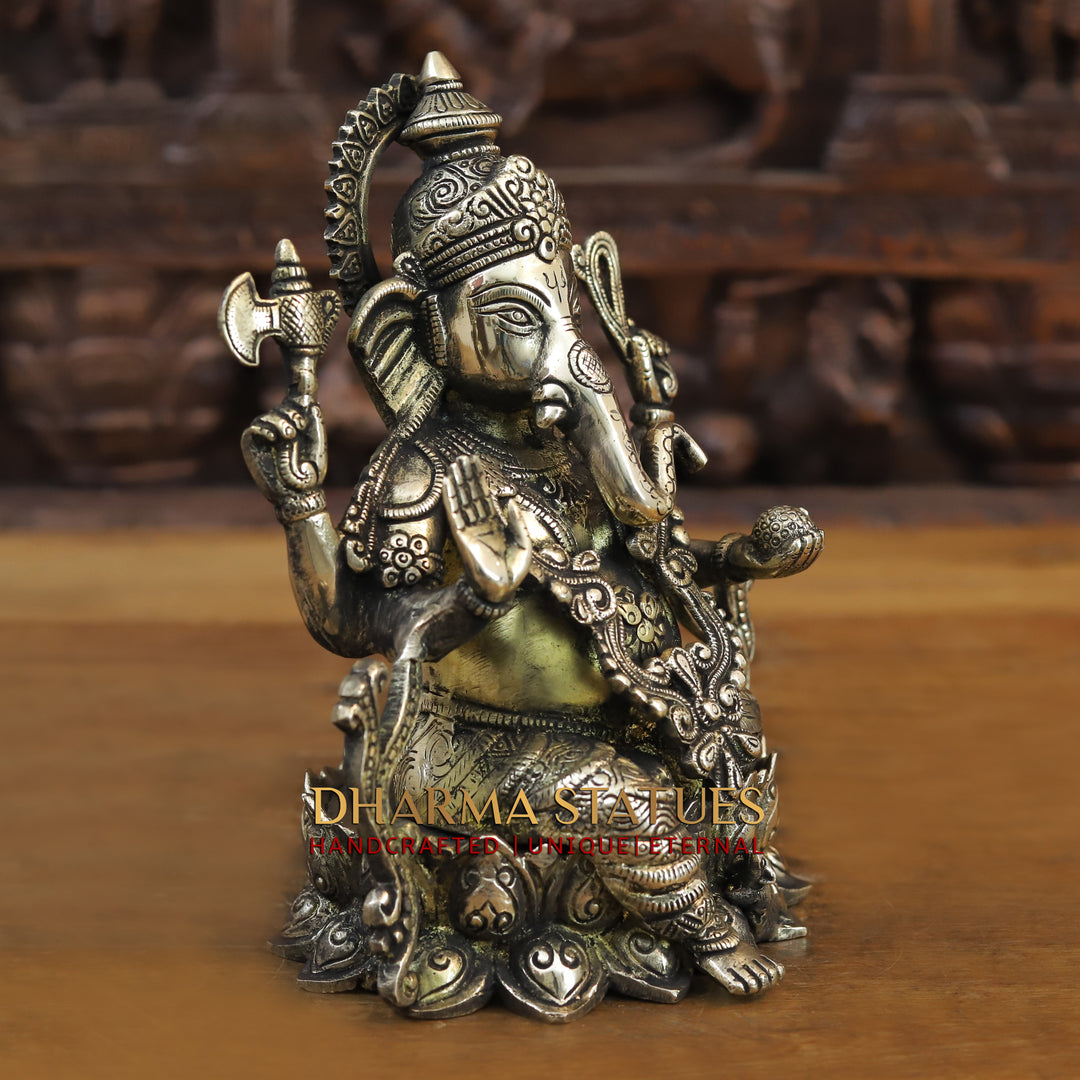 Brass Ganesh Idol, Sitting on a Lotus, Smooth Finish 10"