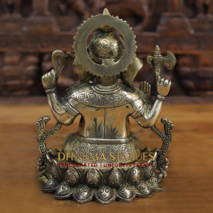 Brass Ganesh Idol, Sitting on a Lotus, Smooth Finish 10"