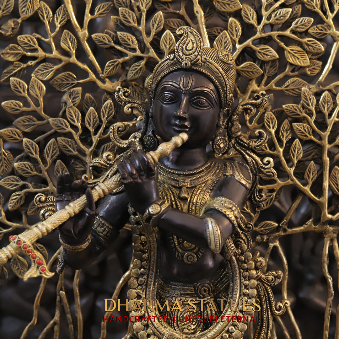 Brass Krishna Idol, Playing the Flute, Standing Below the Tree of Life, Golden & Black Finish, 32"