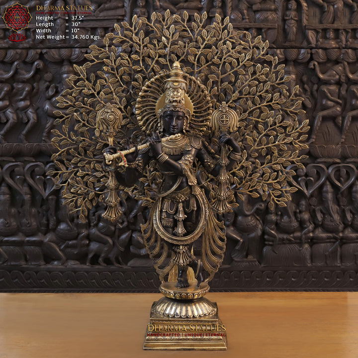 Brass Tree Krishna, Krishna is Standing on a Platform and Murli is Playing, 37.5" Front View