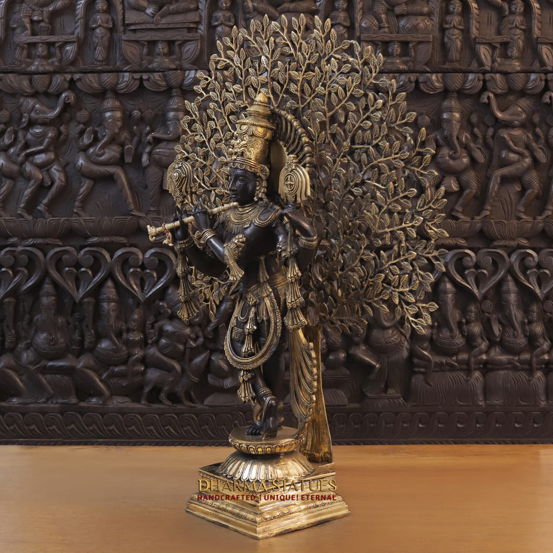 Brass Lord Krishna Idol, Playing Flute, Beneath the Tree of Life, Golden & Black Finish, 37.5"