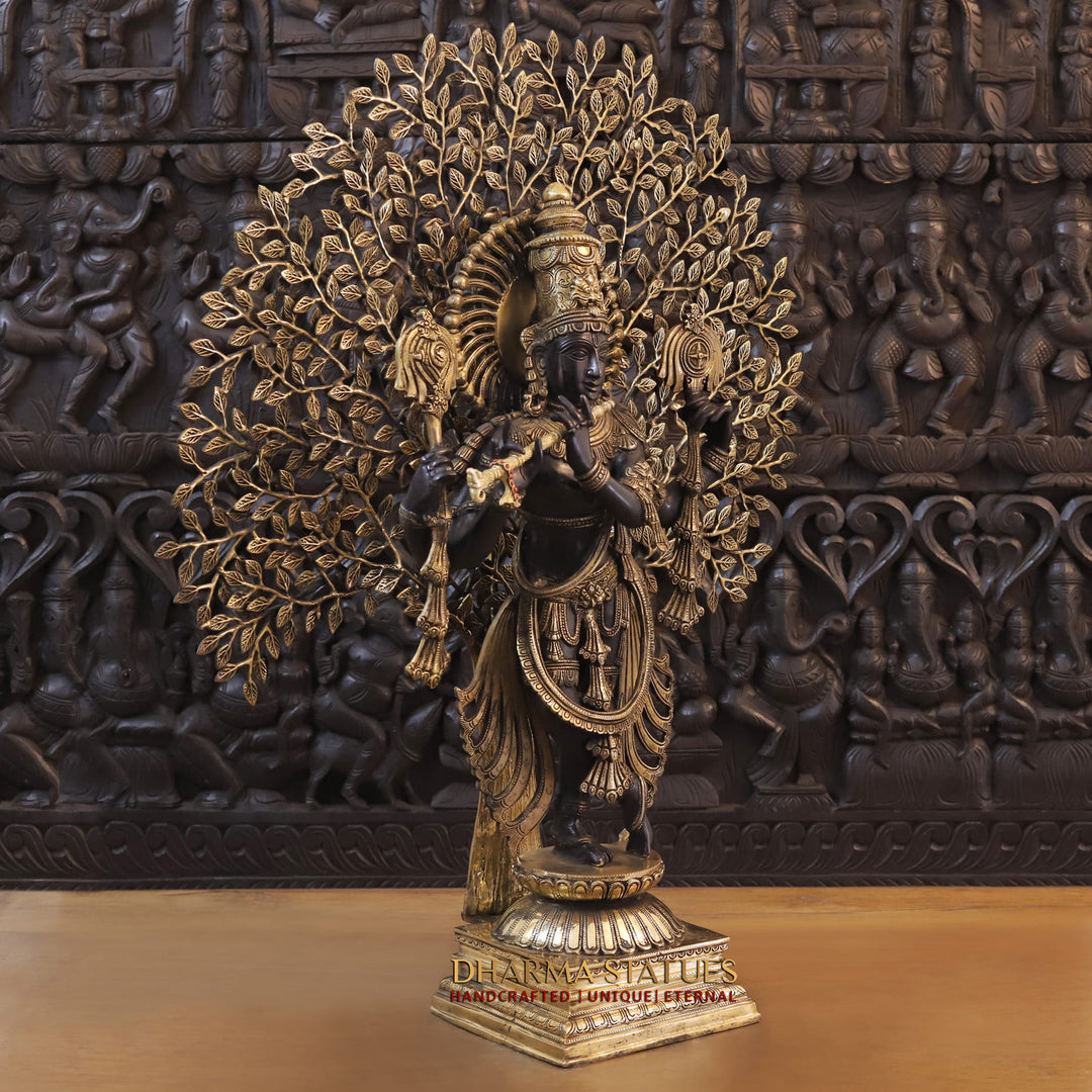 Brass Lord Krishna Idol, Playing Flute, Beneath the Tree of Life, Golden & Black Finish, 37.5"