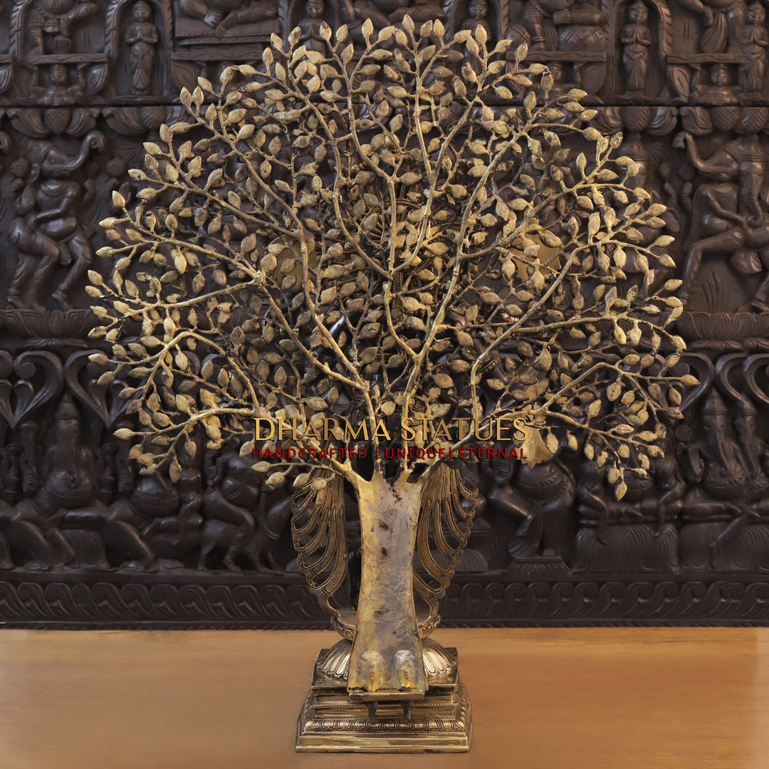 Brass Lord Krishna Idol, Playing Flute, Beneath the Tree of Life, Golden & Black Finish, 37.5"