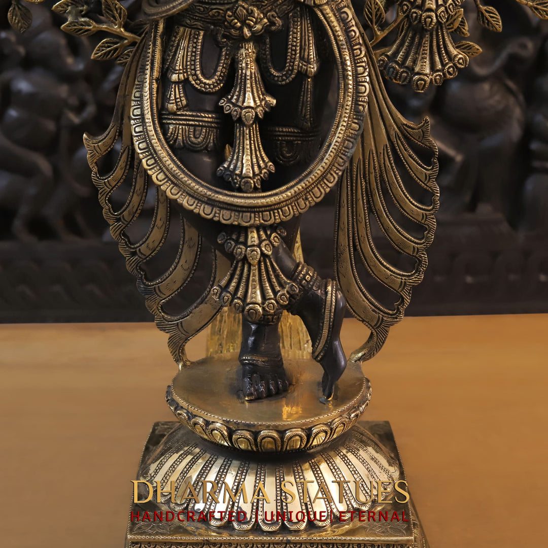 Brass Lord Krishna Idol, Playing Flute, Beneath the Tree of Life, Golden & Black Finish, 37.5"