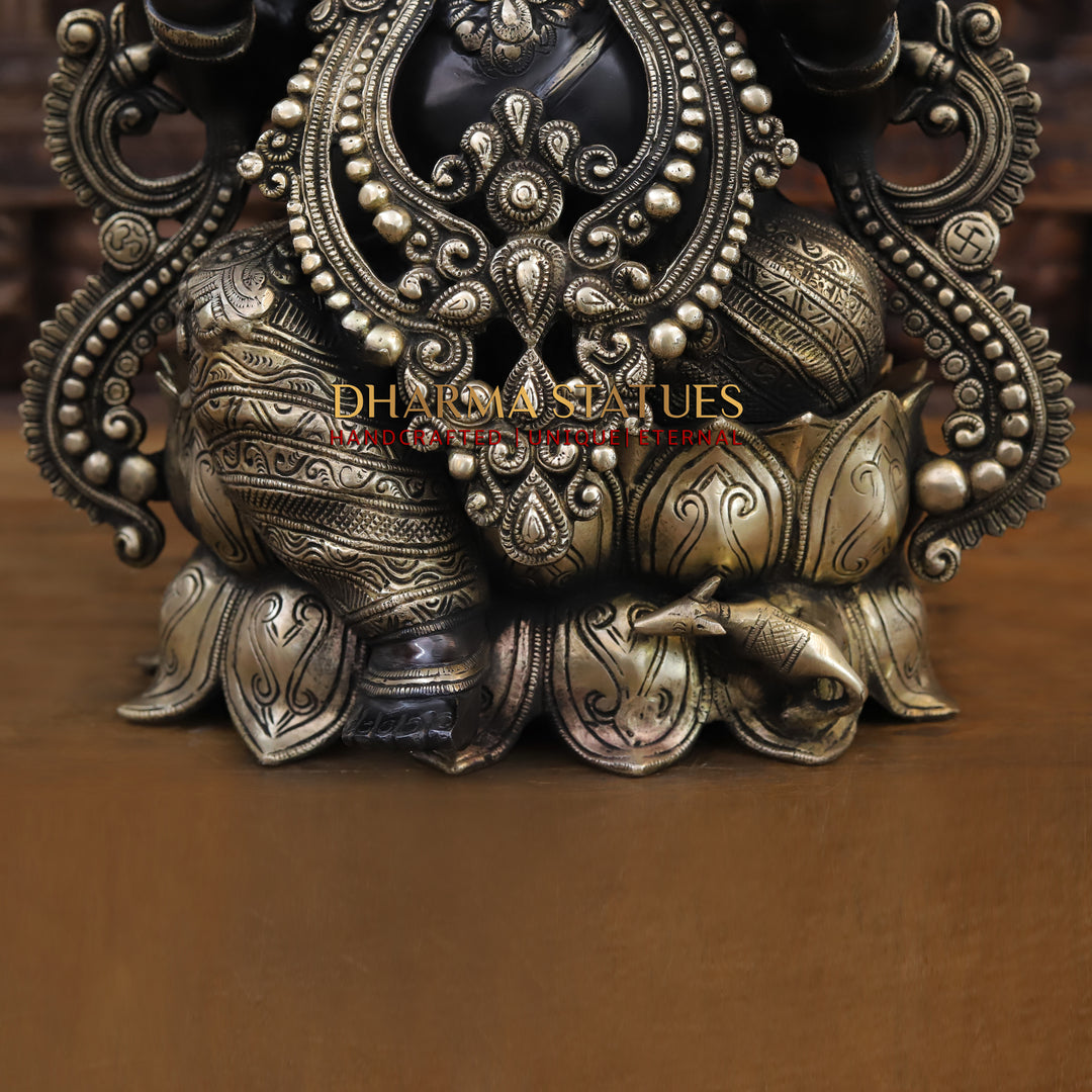 Brass Ganesh Statue Seated on a Lotus base With jewelry, Black Patina Finish 21"