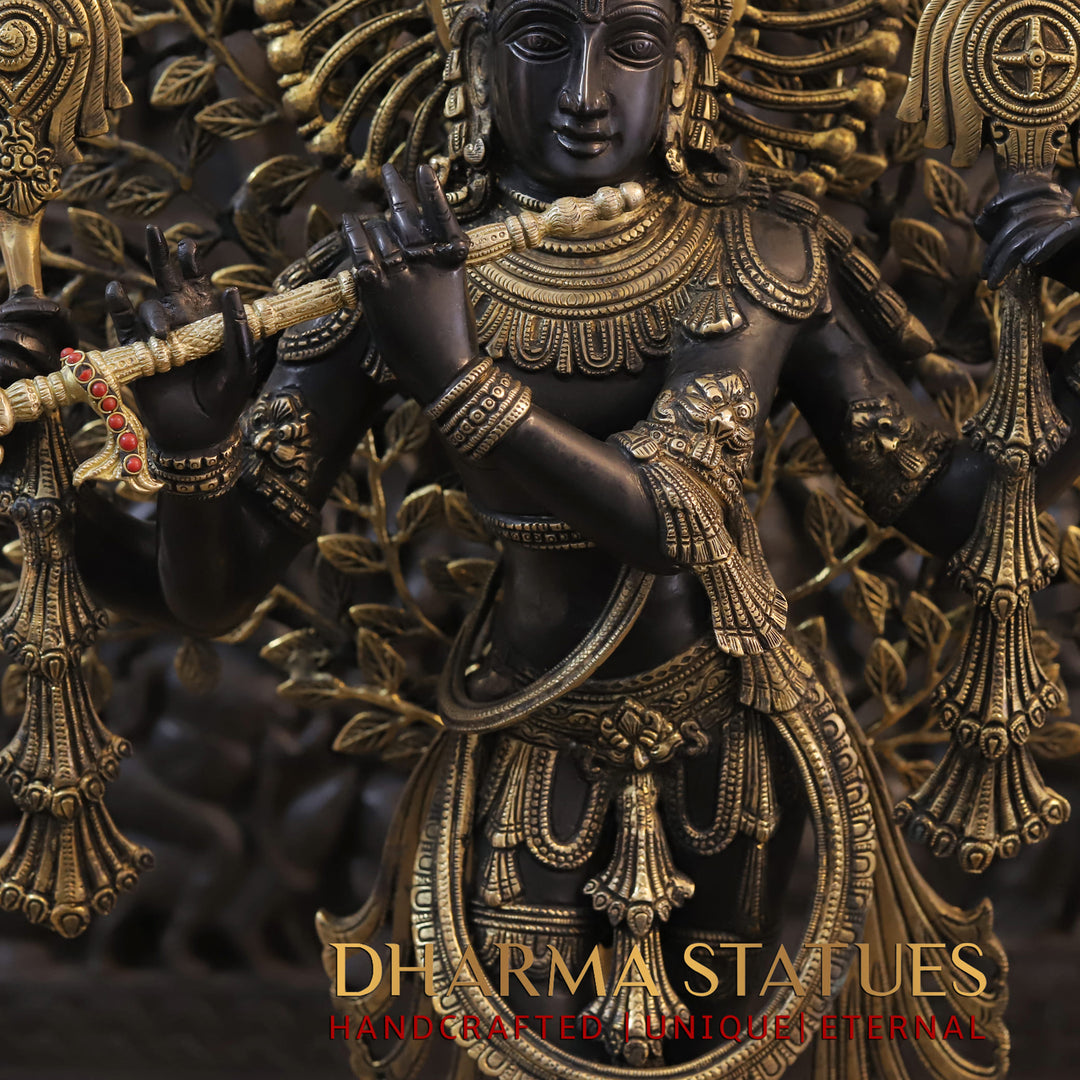 Brass Lord Krishna Idol, Playing Flute, Beneath the Tree of Life, Golden & Black Finish, 37.5"