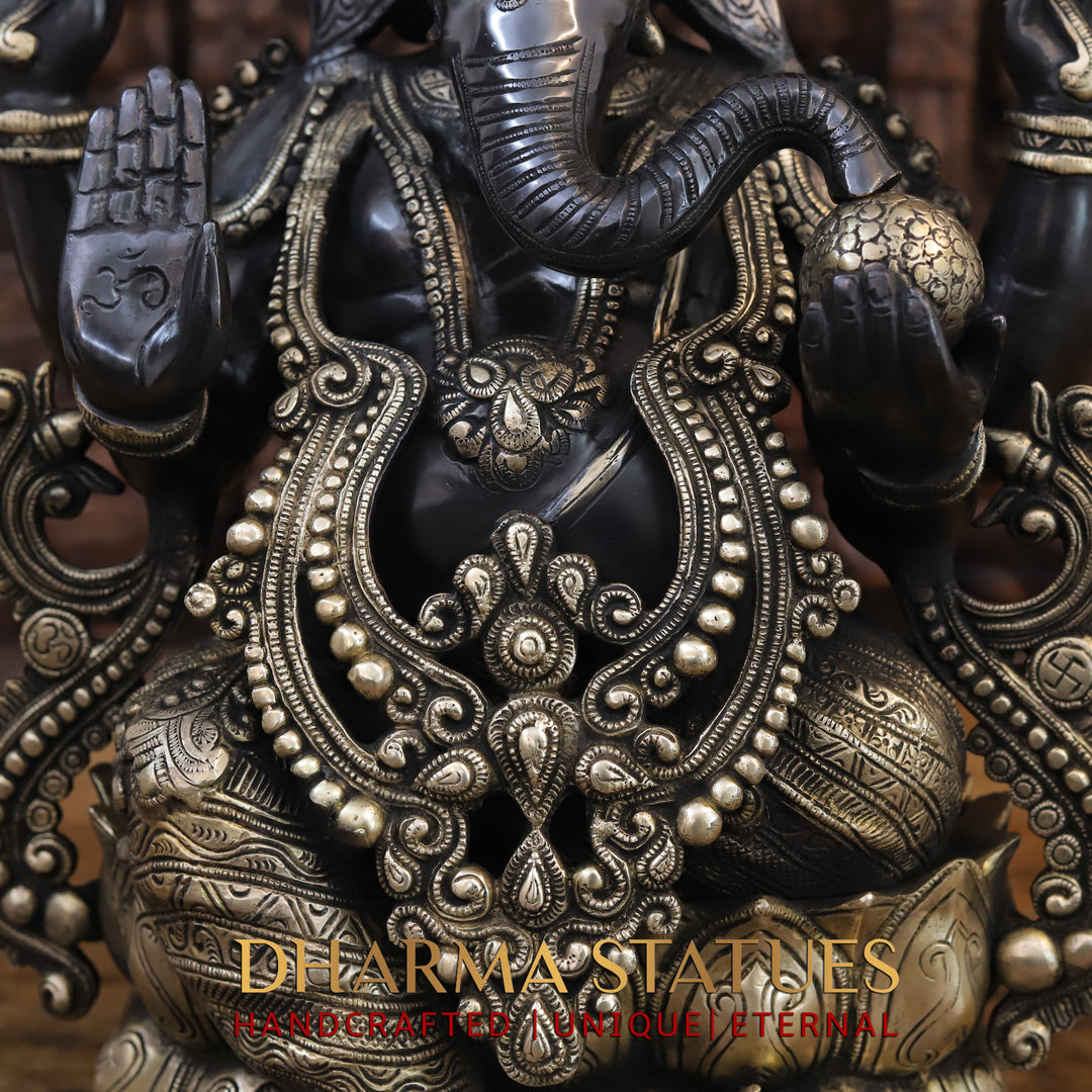 Brass Ganesh Statue Seated on a Lotus base With jewelry, Black Patina Finish 21"