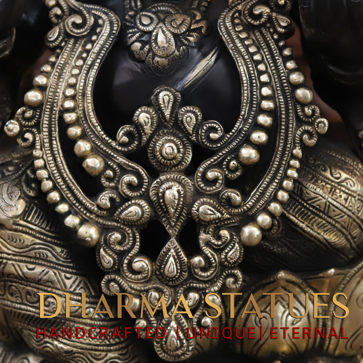 Brass Ganesh Statue Seated on a Lotus base With jewelry, Black Patina Finish 21"