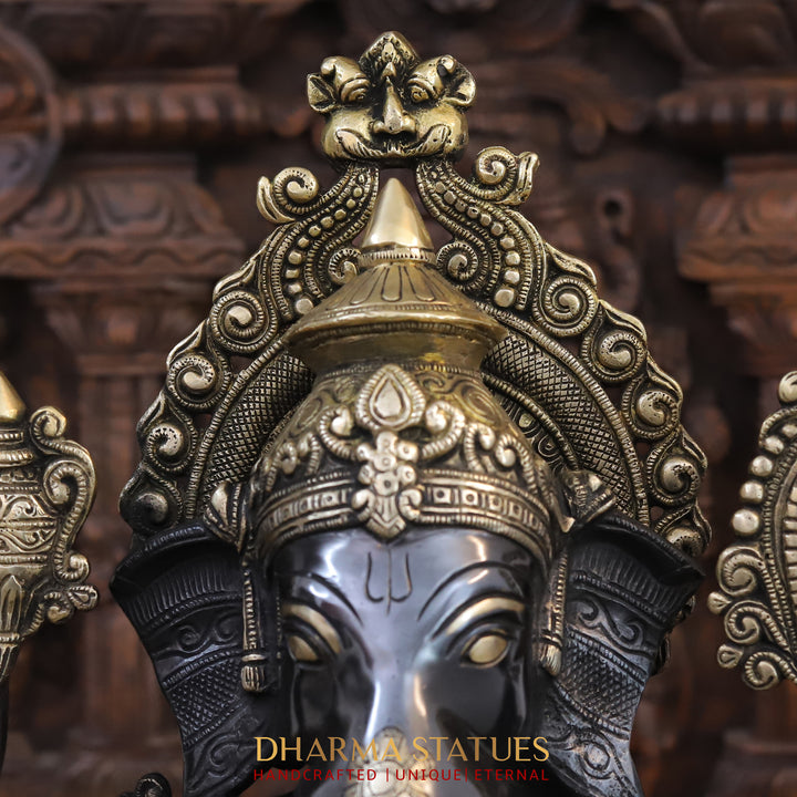 Brass Ganesh Statue Seated on a Lotus base With jewelry, Black Patina Finish 21"