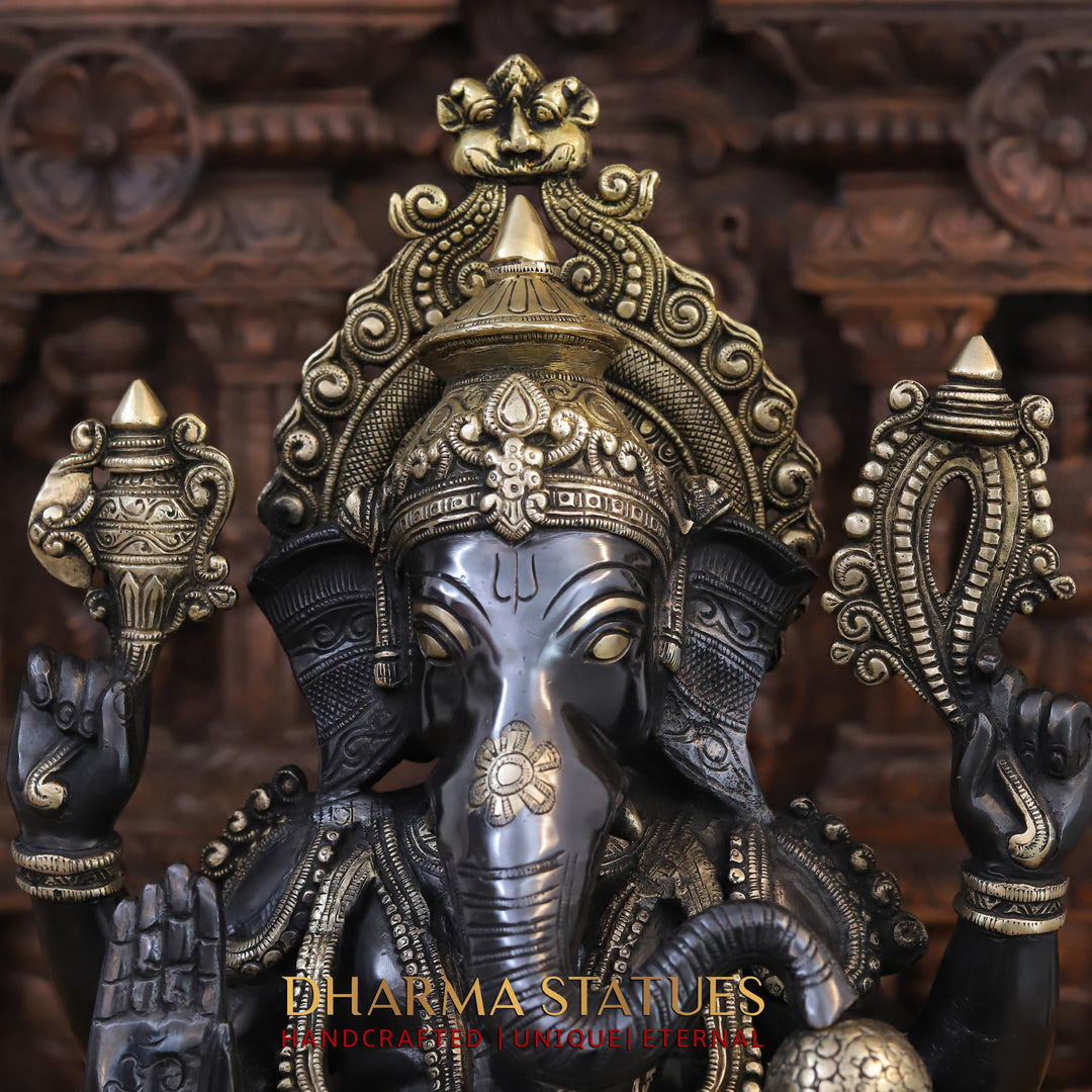 Brass Ganesh Statue Seated on a Lotus base With jewelry, Black Patina Finish 21"