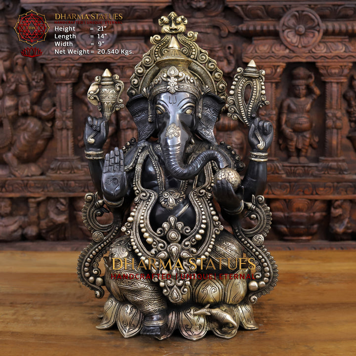 Brass Ganesh Statue Seated on a Lotus base With jewelry, Black Patina Finish 21"