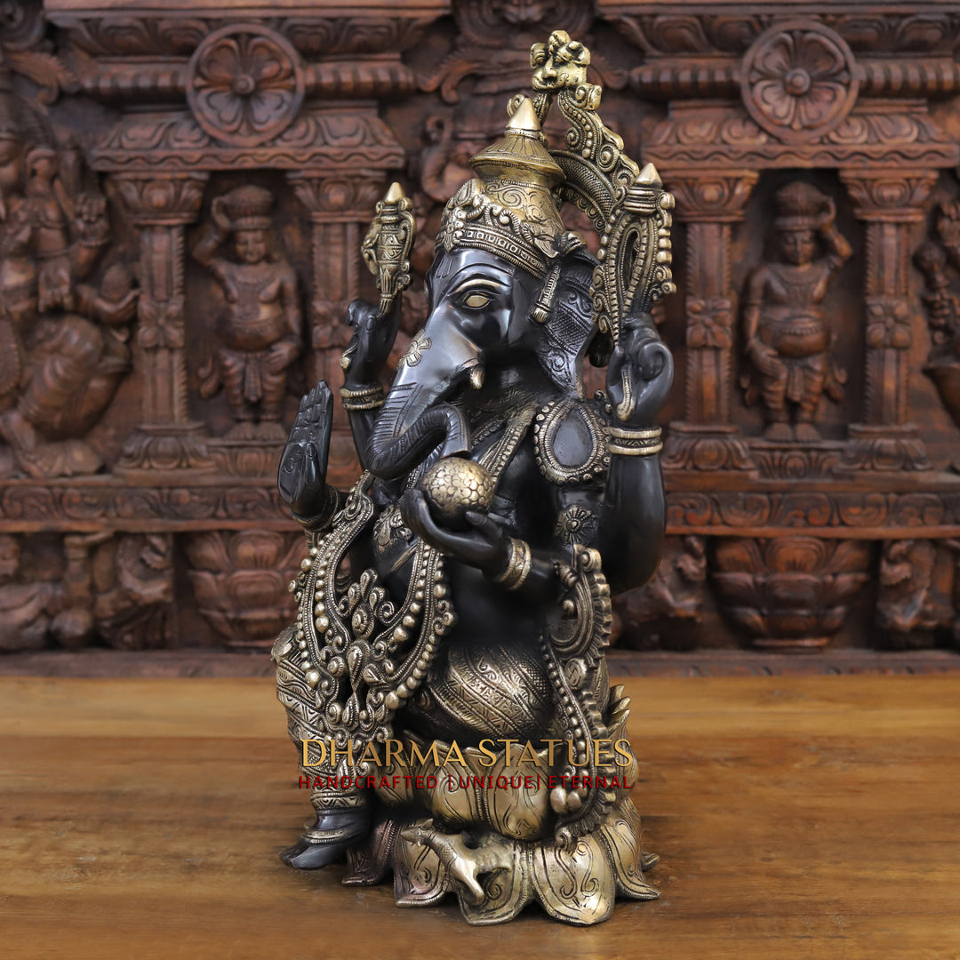 Brass Ganesh Statue Seated on a Lotus base With jewelry, Black Patina Finish 21"