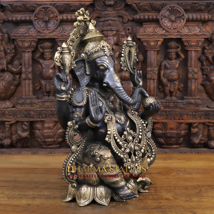 Brass Ganesh Statue Seated on a Lotus base With jewelry, Black Patina Finish 21"