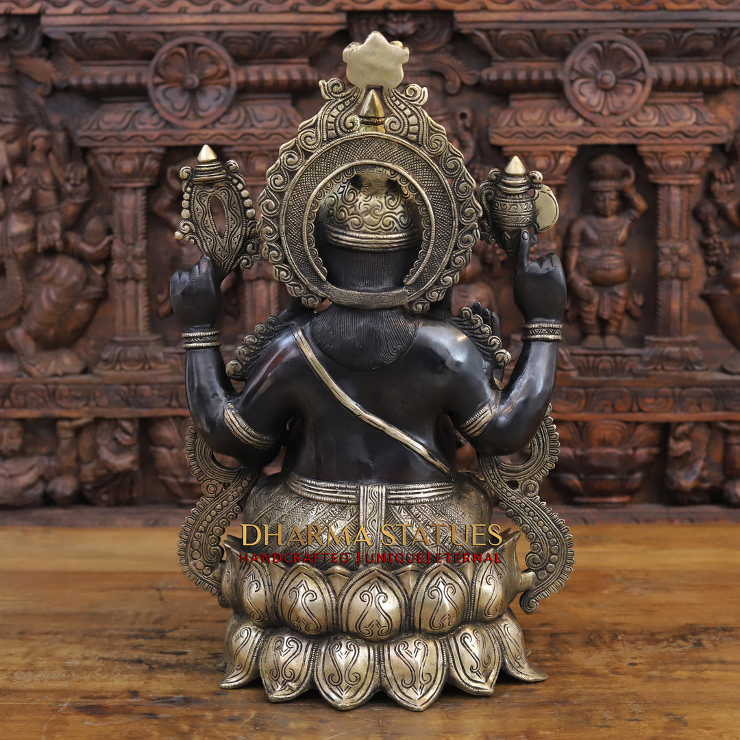 Brass Ganesh Statue Seated on a Lotus base With jewelry, Black Patina Finish 21"