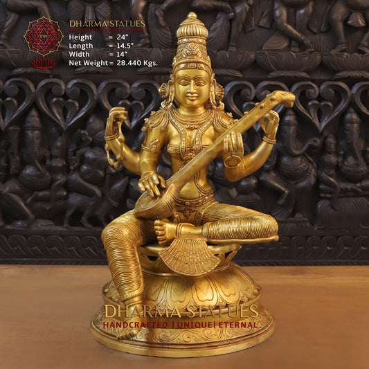 Brass Saraswati seated on Lotus, Fine Golden Finish, 24"