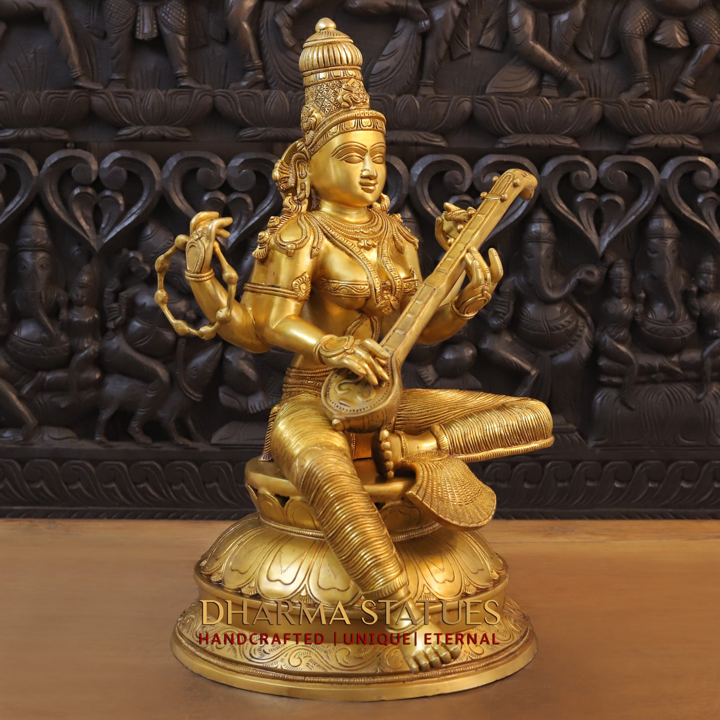 Brass Saraswati seated on Lotus, Fine Golden Finish, 24"