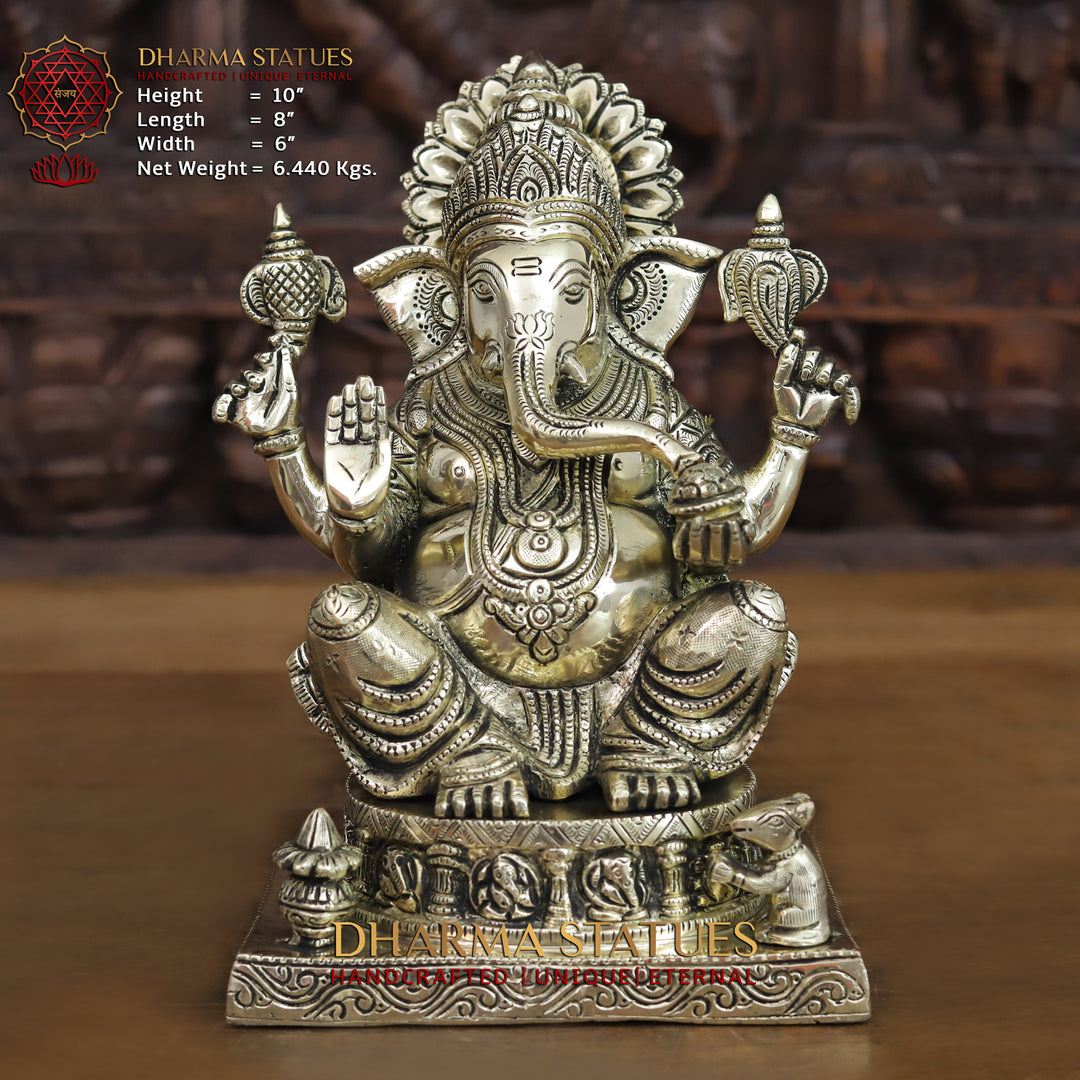 Brass Ganesh Idol, Seated on a Lotus, Fine Silver Finish 10"