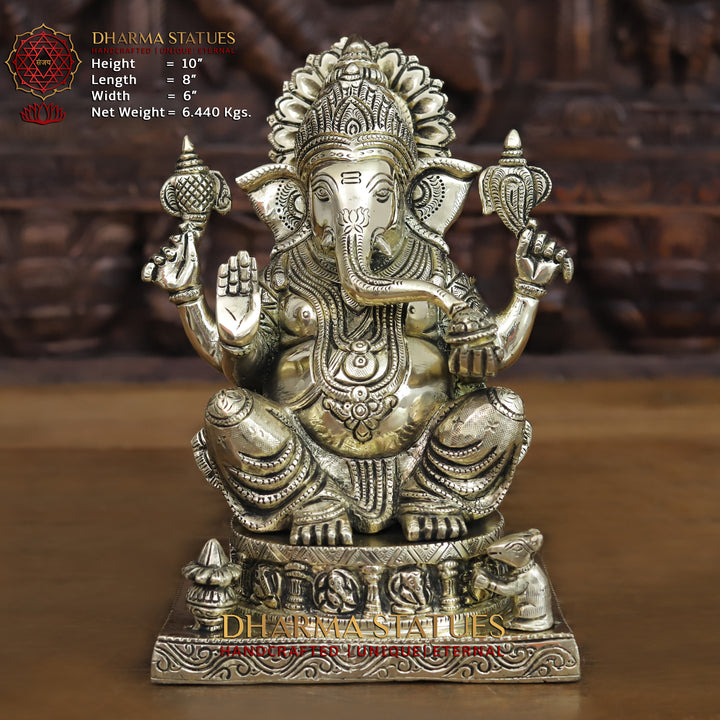 Brass Ganesh Idol, Seated on a Lotus, Fine Silver Finish 10"