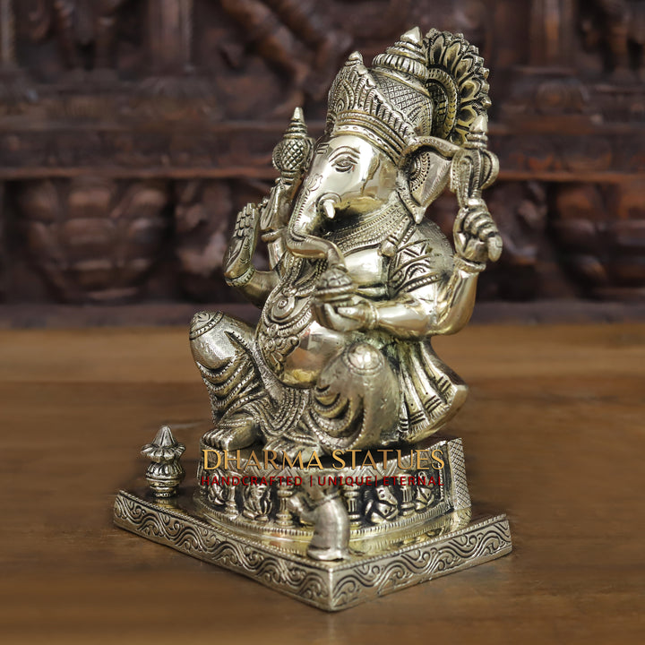 Brass Ganesh Seated On Ashtvinayak Base, Smooth Finish 10"