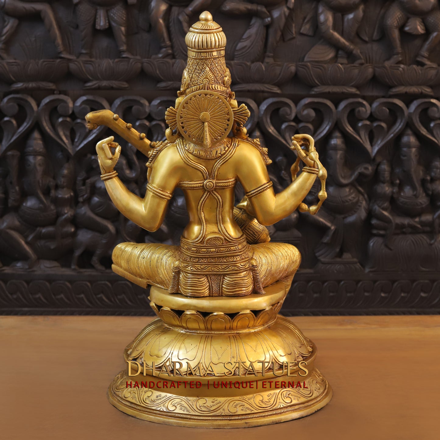 Brass Saraswati seated on Lotus, Fine Golden Finish, 24"