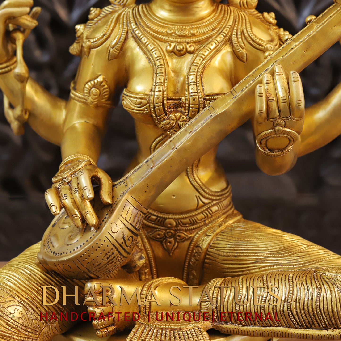 Brass Saraswati seated on Lotus, Fine Golden Finish, 24"