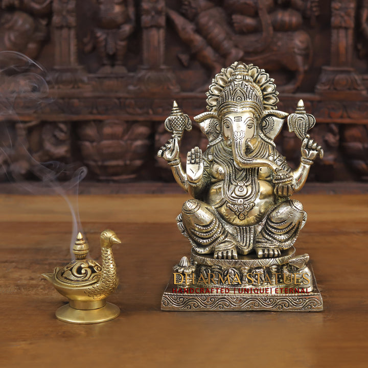 Brass Ganesh Seated On Ashtvinayak Base, Smooth Finish 10"